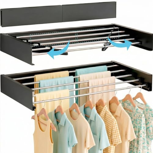 Marctani Tendedero Extensible Pared Ahorra Espacio - Tendederos Plegables Interior o Exterior - Tendal Plegable Resistente 24 Pinzas - Tenderete de Ropa (Negro, 100 CM)