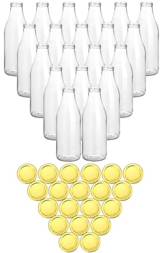 gouveo Lot de 20 bouteilles de jus de 1000 ml avec couvercle à visser doré – Grande bouteille en verre de 1 litre avec bouchon TO48 – Bouteille vide à remplir (SF1000G)