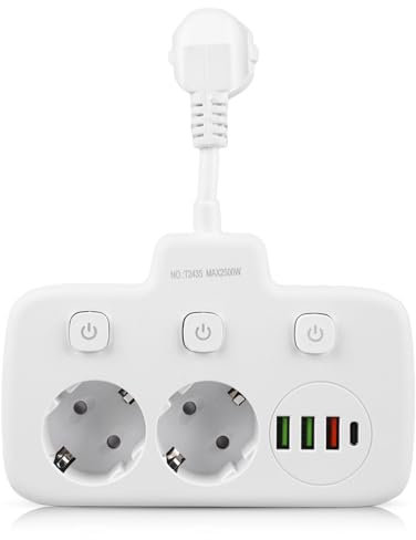 SPORWAY Steckdosenleiste 3-Fach, Steckdose Erweiterungen 3 Steckdosen mit 3 USB & 1 USB-C Ports Steckerleiste Steckdosenadapter, 3-Fach Steckdosenleiste Steckdose für Büro Hause - 16A/4000W (2-Fach)