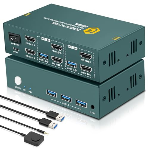 Conmutador KVM HDMI USB 3.0 2 PC 2 monitores, conmutadores KVM 4K 60Hz, conmutador de monitor 2 PC con 2 cables USB para compartir teclado, ratón, impresora y admitir hasta 3 dispositivos USB