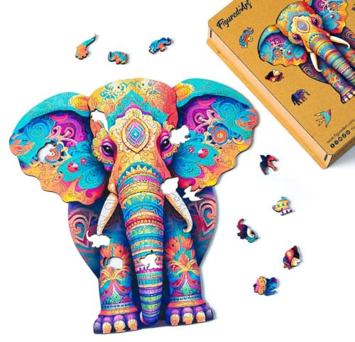 Figured'Art Holzpuzzle Erwachsene und Kinder 200 Teile Tiere - Majestätischer Elefant - Originelles Design 28,5x29 cm Einzigartige Form mit Premium-Holzkiste