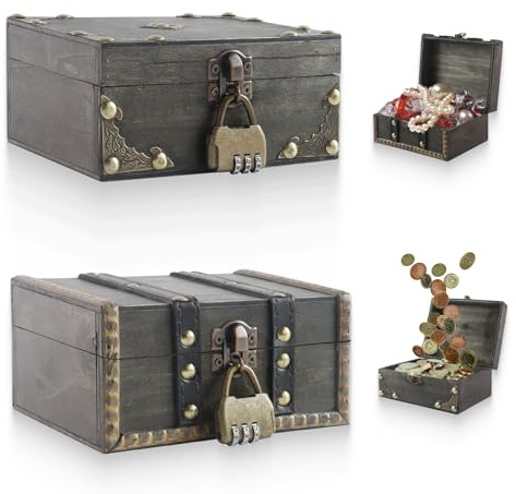 GENHH 2 Stück Truhe aus Holz, 15 x 12 x 8 cm, Vintage, Mini-Tresortruhe, Holzkiste mit Zahlenschloss, Schatztruhe, Kinder, für Geburtstag, Kinder und Aufbewahrung