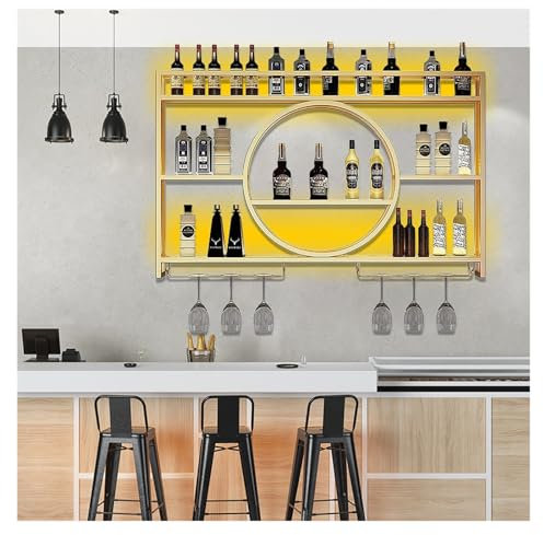 Botellero Industrial Montado En La Pared, Estante De Vino De Pared Con Luz LED, Estante for Botellas De Vino Montado En La Pared, Soporte for Botellas Montado En Pared for Cocina Bar Vinoteca(Gold,160