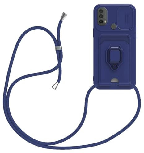 xinyunew Funda con Cuerda para Motorola Moto E20/E30/E40, Silicona Líquida Carcasa con Cordón [Ajustable Correa de Cuello Cadena] [360 Anillo función de Soporte Cubierta], Azul