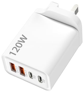 120W Multi USB C Plug 4-Port UK Charger Plug Fast Charging USB Plug Dual Port PD QC Wall Charger Head Type C Charger Head for iPhone 16 15 14 13 12 11 Pro Max Plus X XS XR Samsung