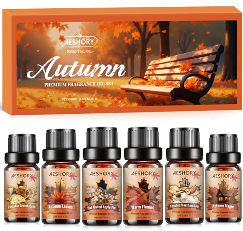 AESHORY Höst Eteriska Oljor Set 6 x 10ML, Naturlig Aromaterapi Oljor Doftoljor Gift Set för Diffusorer - Varm Flanell, Pumpa Crunch Tårta, Höstens Magi, Höstlöv, Rostad Marshmallow, Varmbakad Äppelpaj