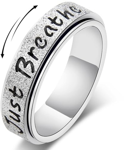 Fidget Spinner Ring for Women - Just Breathe Inspirational & Heart Purity Rings, Stainless Steel Anxiety Ring Jewelry for Adults, Thumb Roating Hope Rings for Stress Relief Gift for Her (Silver, 9)