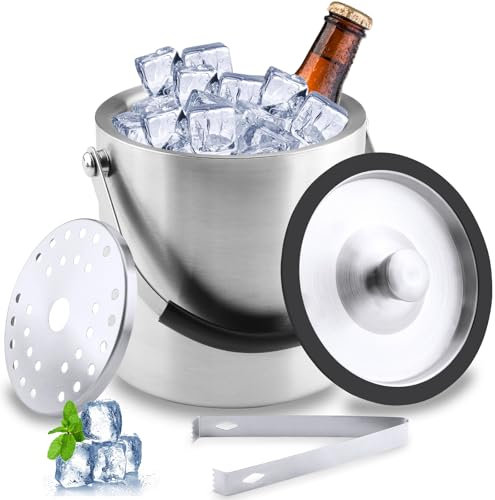 Zosenyer 1.6L Secchiello Ghiaccio, Secchiello Ghiaccio Vino Acciaio Inox a Doppia Parete Isolante, Porta Ghiaccio con Coperchio, Pinze e Filtro, per Champagne, Contenitore per Ghiaccio, Bar, Cocktail