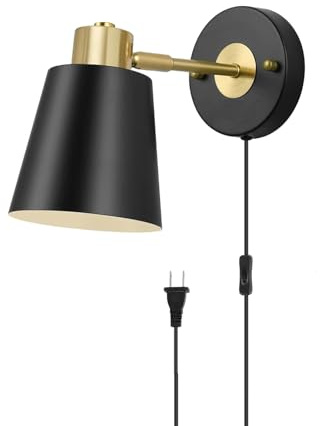 AoLa Innen Wandlampe mit Kabel und Stecker E27 Metall Verstellbar Wandleuchte Schwarz Drehbar Nachttischlampe mit Schalter Wand Leselampe Vintage Industrielle für Wohnzimmer Schlafzimmer,1 Stück
