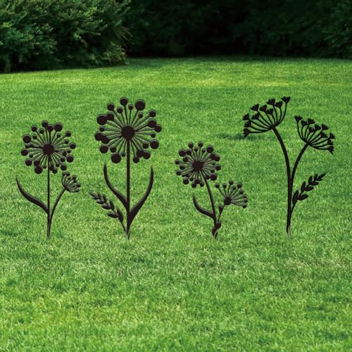 SUPERDANT 4Pcs Decoration Jardin Exterieur avec Pissenlit Fleur Ornement Silhouette Noire Décoration Extérieure Piquets Décoration Fer Forgé pour Jardin