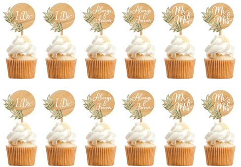 Party to Be Holz Tortendeko Hochzeit 12 Stück Mr & Mrs Cupcake Toppers Hochzeit Kuchen Cupcake Dekorationen mit Grüne Blätter