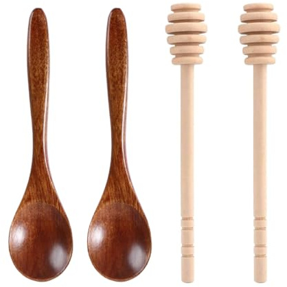 ZORVYN Lot de 4 Cuillères à Miel et Bâtonnets en Bois Set Distributeur et Mélangeur pour Sirop Confiture Ustensiles de Cuisine