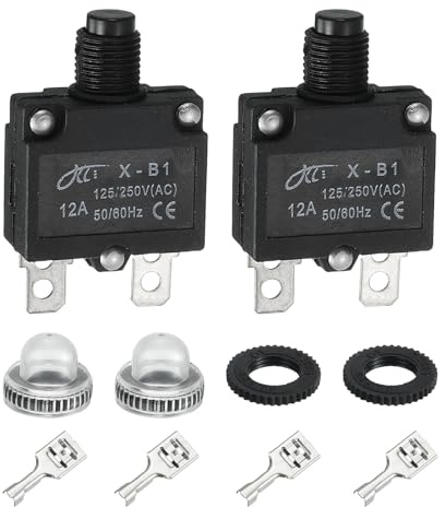 QUARKZMAN 2PCS Interruttori Termici 12A, 125/250V AC, 32V DC Interruttore Di Protezione Sovraccarico Con Ripristino Manuale A Pulsante Con Terminali E Cappuccio Impermeabile, X-B1