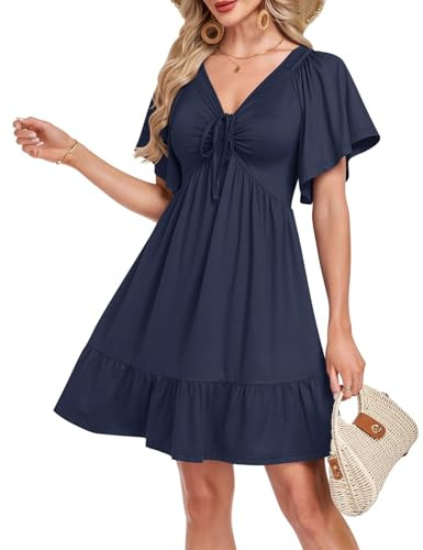 AUSELILY Summer Dresses for Women UK V Neck Short Sleeve Dress with Pockets | Knee Length Beachdress,Casual Ladies Summerdress,A-line,Ruffled Sleeve,Drawstring Neck Sundress