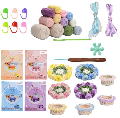 Crochet Kit for Beginners - Crochet Coaster Set for Flower Pot, Complete Knitting Supplies | Video Tutorial DIY Guided Kit for Adults and Children, Made Home Projects