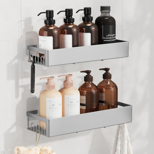 SONGMICS Duschablage ohne Bohren, 2er Set, Shampoo Halterung für Dusche | Rostfreies Duschregal, Badezimmer Organizer zum Kleben, Bad Aufbewahrung für Dusche, Silber, PARSON Kollektion BCB201E101