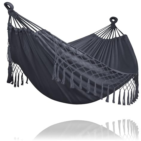SUNCREAT Hammocks Outdoor Camping Double Hammock with Tassel, Dark Gray | Fabric Hammock for Backyard