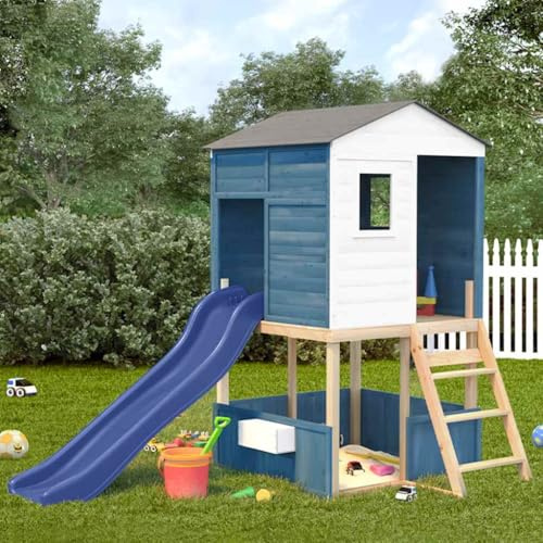 Emmtore Holzspielhaus mit Rutsche für Kinder ab 3 Jahren,Massives Tannenholz,Gartenabenteuer Spielturm, Spielgerät Wei? und blau
