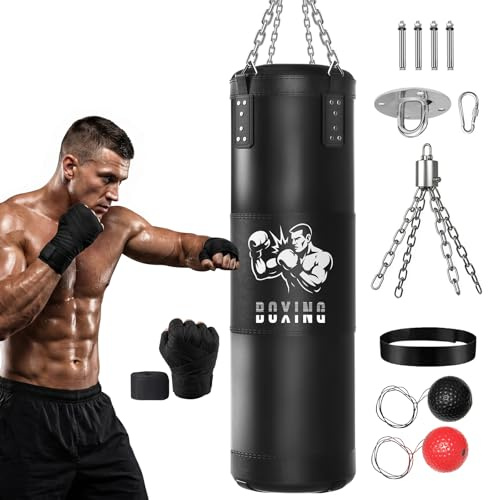 Ninonly Boxsack Set Erwachsene 120cm mit Handwraps,Springseil,Ungefüllt | Boxsack Hängend Oxford-Gewebe mit PU-Schlagfläche,Springseil,Montagezubehör, Verstärkte Bodennähte, für Home Gym Training