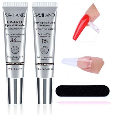 SAVILAND No Curing Nail Glue Gel with Remover: 30-Day Long Lasting New Semi Solid Nail Glue for Press On Nails Extra Strong Nail Glue No UV/Led Lamp Needed, 15s Fast Nail Glue Remover for Home Use