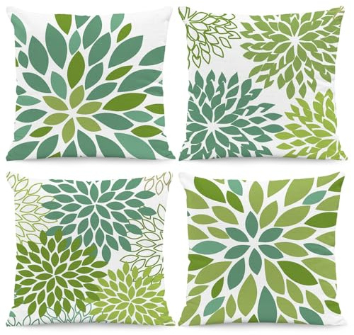 Hopomoon Sage Green Floral Throw Pillow Covers 45x45 cm Set of 4,Geometric Dahlia Floral Decorative White Linen Pillowcases,Spring Summer Modern Farmhouse Decor for Couch,Sofa,Living Room
