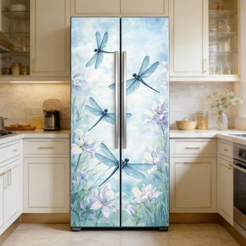 GOMAKERER 2 adesivi per frigorifero, motivo libellula ad acquerello, rimovibili, motivo floreale blu, in vinile, decorazione per cucina, bar, 41,5 x 200 cm