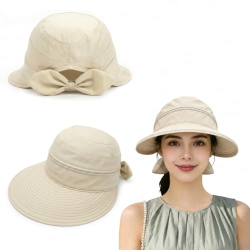 Kanzith Sun Hats for Women UK, UPF 50+ Visors with Detachable Top Ponytail | Sun Hats with Ponytail Hole, Wide Brim Beach Hat for Summer