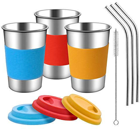 Milaloko Edelstahlbecher mit Silikondeckeln, Hülsen und Strohhalmen | 3 Pack 16 Unzen Trinkbecher für Kleinkinder, Kinder und Erwachsene Umweltfreundlich | BPA-frei (Edelstahl-Strohhalme)