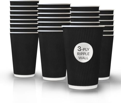 We Can Source It Ltd - 16oz Kraft Ripple Paper Cups – Black Insulated Tea & Coffee Cups - Round 3 Ply Ripple Wall Hot Drink Cup - Disposable Takeaway Drinkware for Cafe, Catering, Event - Pack of 100
