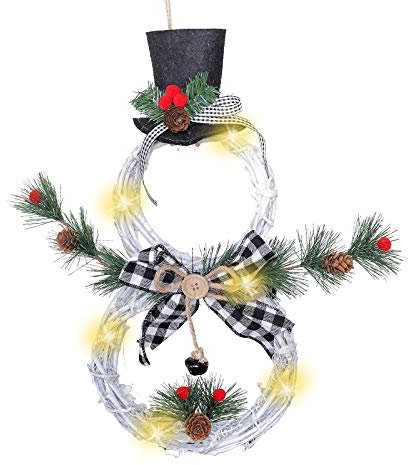 Led-Weihnachtskranz, Beleuchteter Weihnachtskranz, Weihnachts-TüRkranz, Weinrebenkranz, HäNgende Girlande, Schneemann-Form Weinrebenkranz Mit Hut Und Schleife, FüR HaustüR Und Wand (Schwarz-weißes)