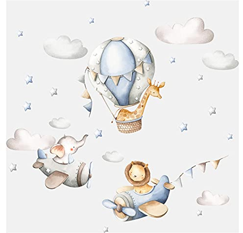 Little Deco Wandsticker Kinderzimmer Junge Tiere Flugzeuge I Blau - 62 x 28 cm (BxH) I Wandtattoo Löwe Elefant Wandaufkleber Kinder Ballon Wolken DL246-4-M