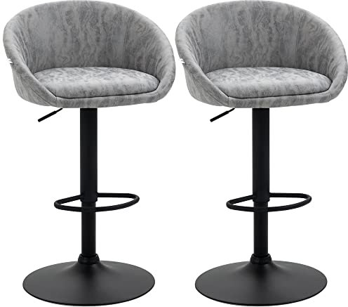 HOMCOM Set 2 Sgabelli da Bar con Altezza Regolabile, Seduta Girevole, Rivestimento Finta Pelle PU, Poggiapiedi e Schienale, 57x50x84-104cm, Grigio Chiaro