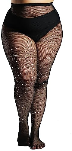 MERYLURE Indestructible Ultra Sparkly Tights for Women, Rhinestone Fishnet Party Stockings for Women, Jeweled Plus Size