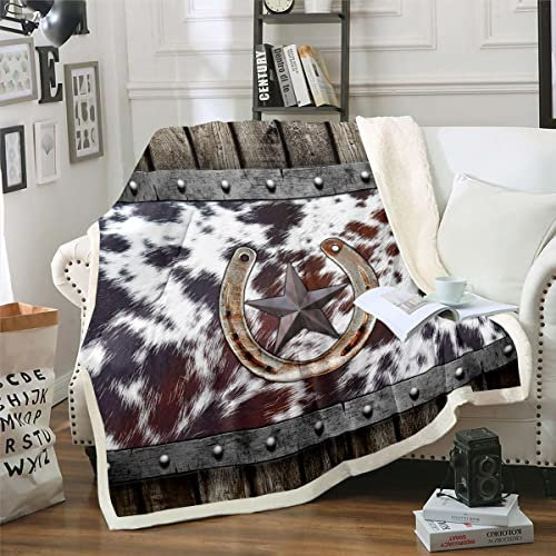 Braune Rindsleder Decke 130x150 für Männer,Rustikale Bauernhaus Hufeisen Fleece Decke für Kinder Erwachsene Western Texas Sterne Decke Werfen Retro Grunge Scheune Tür Highland Kuh Pelz Fuzzy Decke