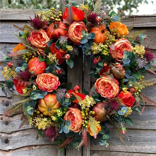 KyneLit Künstlicher Herbstkranz Haustür, Kürbis, Rose, Beerenzweige, gemischte Blätter, Erntedankfest, Kranz, Herbst-Türkranz für Halloween, Erntedankfest, Innen- und Außendekoration (B)