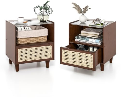 COSTWAY Mesitas de Noche de Ratán, 2 Estantes y 1 Cajón, Mesa Auxiliar Boho con Cajón y Patas de Madera Maciza, Mesitas de Noche Dormitorio, 43 x 35 x 50 cm, Marrón (2)