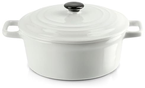 KHG Auflaufform mit Deckel, Weiß 0,5 Liter klein, Keramik Steingut rund, Servierform mit Griffen, ofenfest 200°C & mikrowellenfest, Schmortopf, Mini-Bräter, Mini-Cocotte