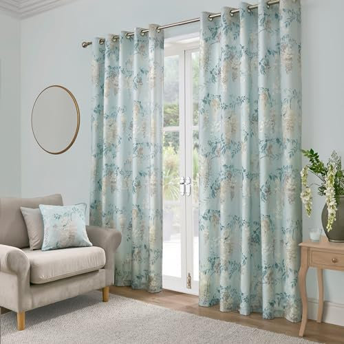 Dreams & Drapes - Duck Egg Wisteria Curtains W90 x L72 (229 x 183cm) - 2x Panels - Flower Eyelet Curtains in Duck Egg - Duck Egg Blue Floral Curtains & Drapes - Door Curtains for Bedroom/Living Room