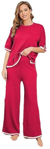 Damen Strickset, Pullover-Set, kurzärmelig, Pullover mit weitem Bein, rosarot, M