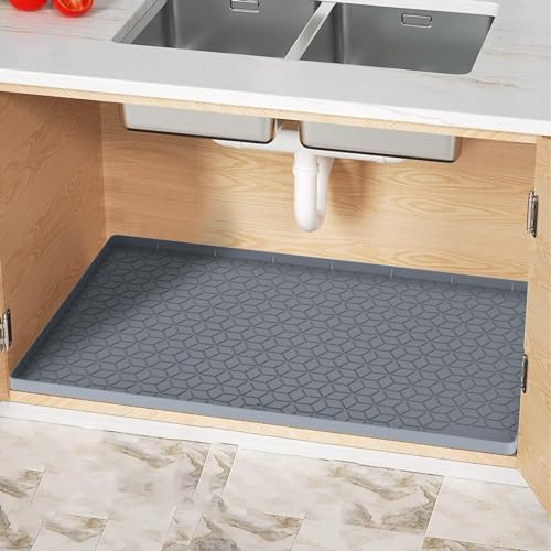 Under Sink Mats 14x22 for Kitchen, Silicone Waterproof Liner, Sink Silicone Tray with Drain Hole, Storage and Organizers, Cabinet and Counter Protector,Litter Mat, Pet Cat Puppy Essentials
