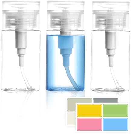 3 Pack Push Down Pump Dispenser,Clear Push Top Empty Bottles with DIY Stickers for Alcohol,Nail Polish,Makeup Remover,Toner (100ml)