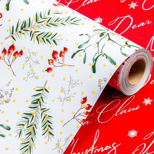 Wikadlik Reversibles Weihnachtsgeschenkpapier - 43 cm x 10 m, aquarelliertes Rot Beeren „Merry Christmas“ Schriftzug Design Geschenkpapier