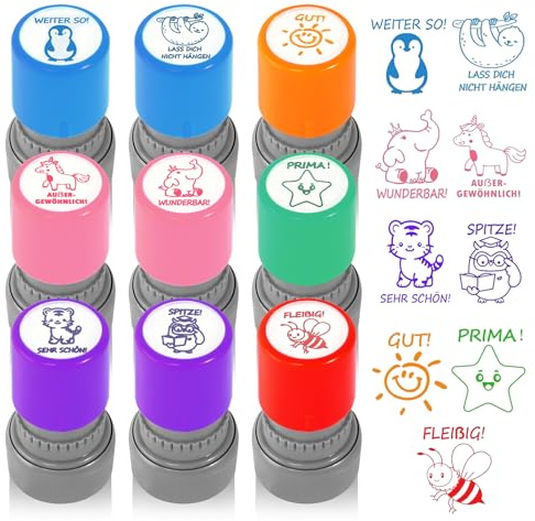 9 Stück Stempel Lehrer Stempel Schule Lehrerstempel Grundschule Wiederverwendbar Belohnungsstempel Niedliche Cartoon Motivationsstempel für Hausaufgaben Feedback Belohnung Motivation