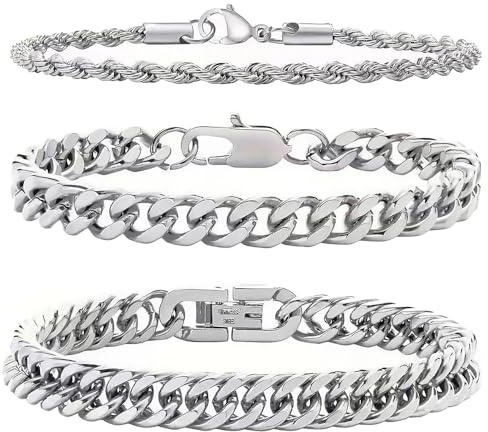 TRKETK 3 Pezzi Bracciale a Maglia Uomo 21 cm, Bracciale Uomo a Catena Cubana Hiphop Punk Rapper Braccialetto Catena in Acciaio Inox Donna per Papà Ragazzo Marito per la Festa del Papà