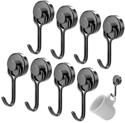 KARELLS 8 Stück Schwarz Magnethaken, 5kg Magnethaken Schwarz Extra Stark, 16mm Schwenkbare Schaukel Neodym Magnet Haken, für Eisentüren Kühlschränke Küchen Kleiderablage Büro Magnet Haken Groß Silber