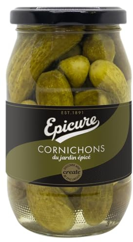 Epicure Gourmet Cocktail Cornichons – Pickled Mini Gherkins in Brine with Mustard Seeds, Dill and Peppers, 340g (Pack of 12)