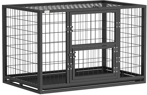 PawHut Robust hundbur i stål med fyrkantiga rör - inomhus hundkoja med öppet tak och matningsdörr - metallbur 94 x 60 x 64 cm för Border Collie och medium hund, svart