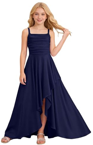 Robe Longue Fille Robe de Soirée Enfant Robe Demoiselle d'honneur Fille Satin sans Manches Épaules Dénudées Robe Princesse Volants Midi Élégante Ourlet irrégulier pour Mariage Fête Cérémonie