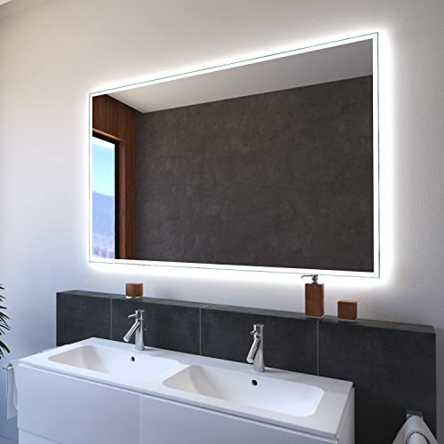 SARAR Badspiegel mit schmaler rundum LED-Beleuchtung 90x70cm Made in Germany Designo MA4111 Wandspiegel Spiegel mit Beleuchtung Badezimmerspiegel nach-auf Maß