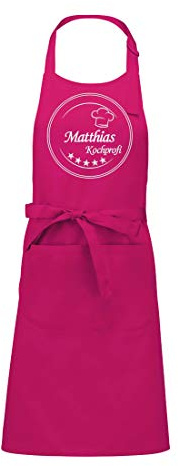 Direkt-Stick.de Schürze mit Namen bestickt, Kochschürze Küchenschürze Latzschürze personalisierbar mit eleganter Stickerei, 100% Baumwolle, Geschenk für Männer und Frauen (magenta)